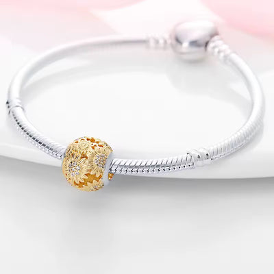 Golden sunflower charm 925 sterling silver with zirconia floral bead elegant bracelet jewelry gift