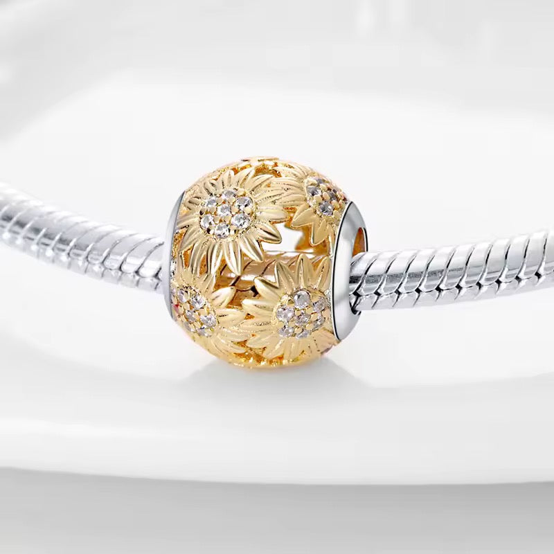 Golden sunflower charm 925 sterling silver with zirconia floral bead elegant bracelet jewelry gift