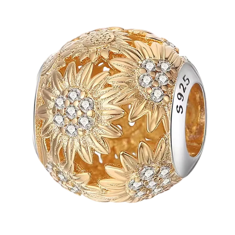 Golden sunflower charm 925 sterling silver with zirconia floral bead elegant bracelet jewelry gift
