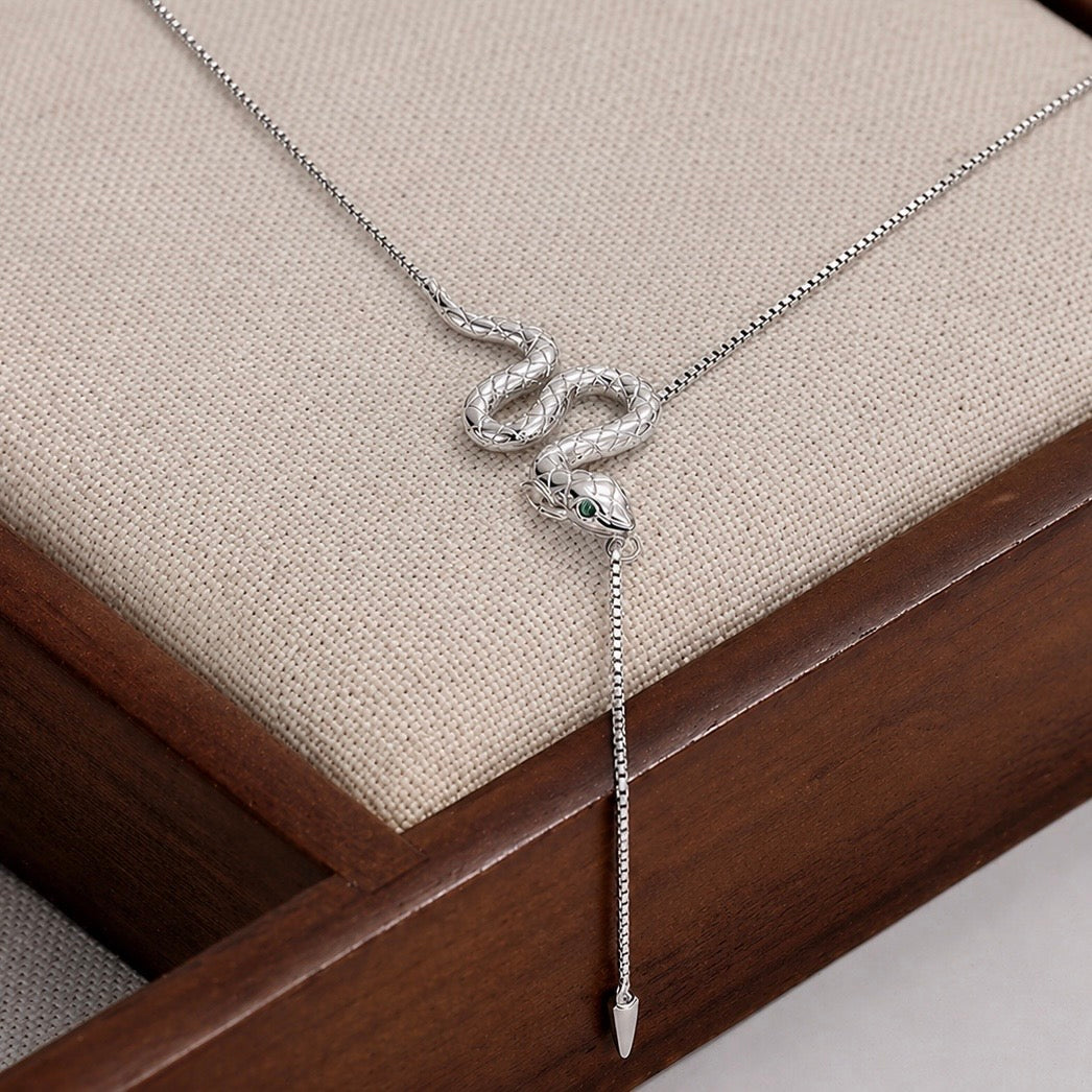 Green eye serpent drop necklace 925 sterling silver with green zircon eyes symbolic snake jewelry