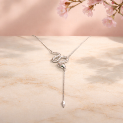 Green eye serpent drop necklace 925 sterling silver with green zircon eyes symbolic snake jewelry