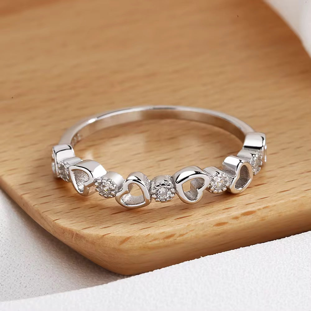 Heart link zircon ring 925 sterling silver romantic band with hearts and sparkling stones elegant jewelry