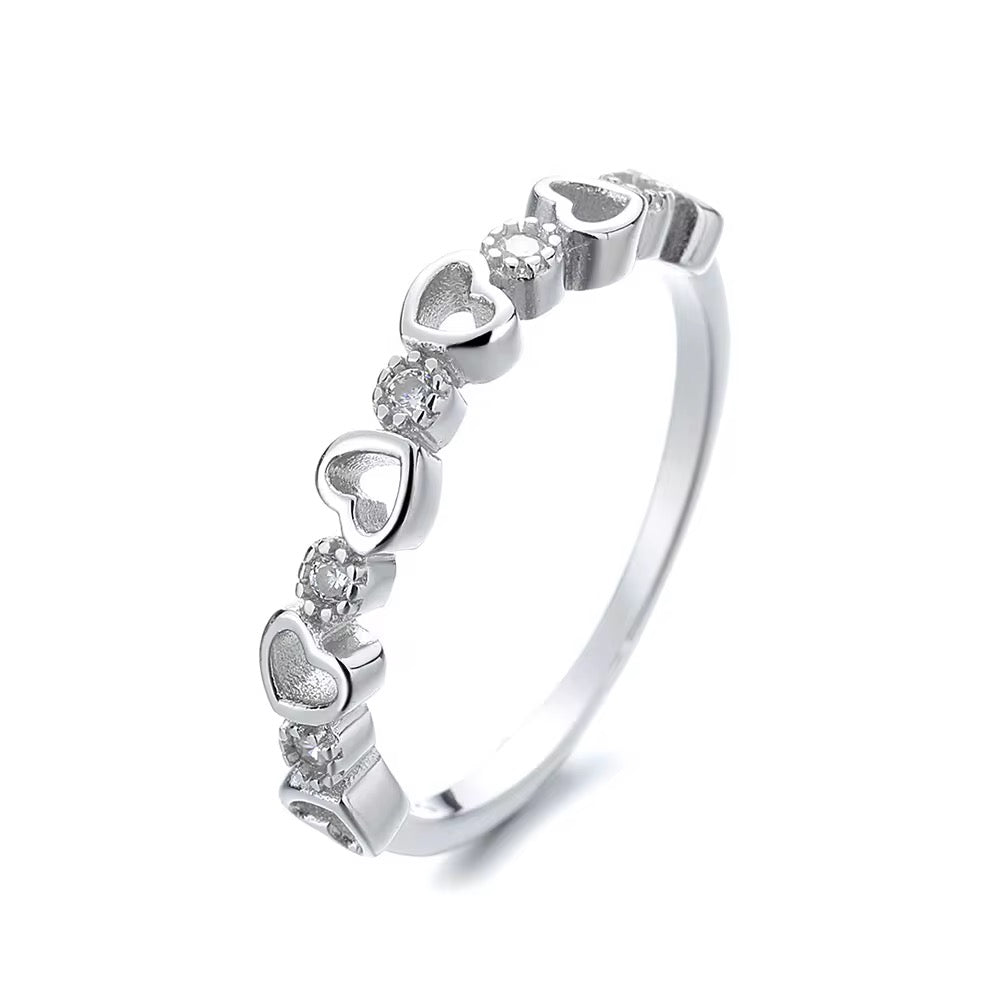 Heart link zircon ring 925 sterling silver romantic band with hearts and sparkling stones elegant jewelry