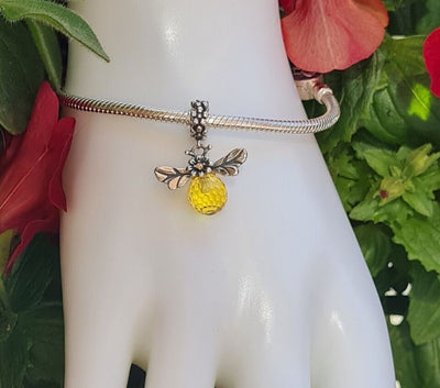 Honey bee dangle charm 925 sterling silver with yellow crystal nature inspired bead jewelry gift