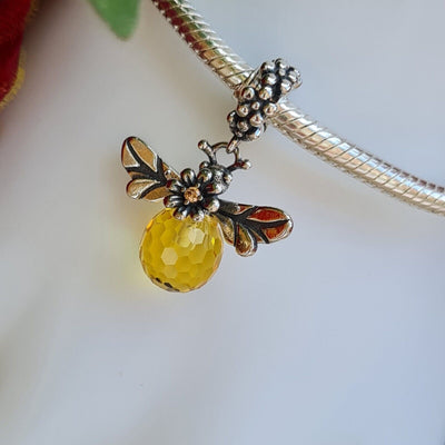 Honey bee dangle charm 925 sterling silver with yellow crystal nature inspired bead jewelry gift
