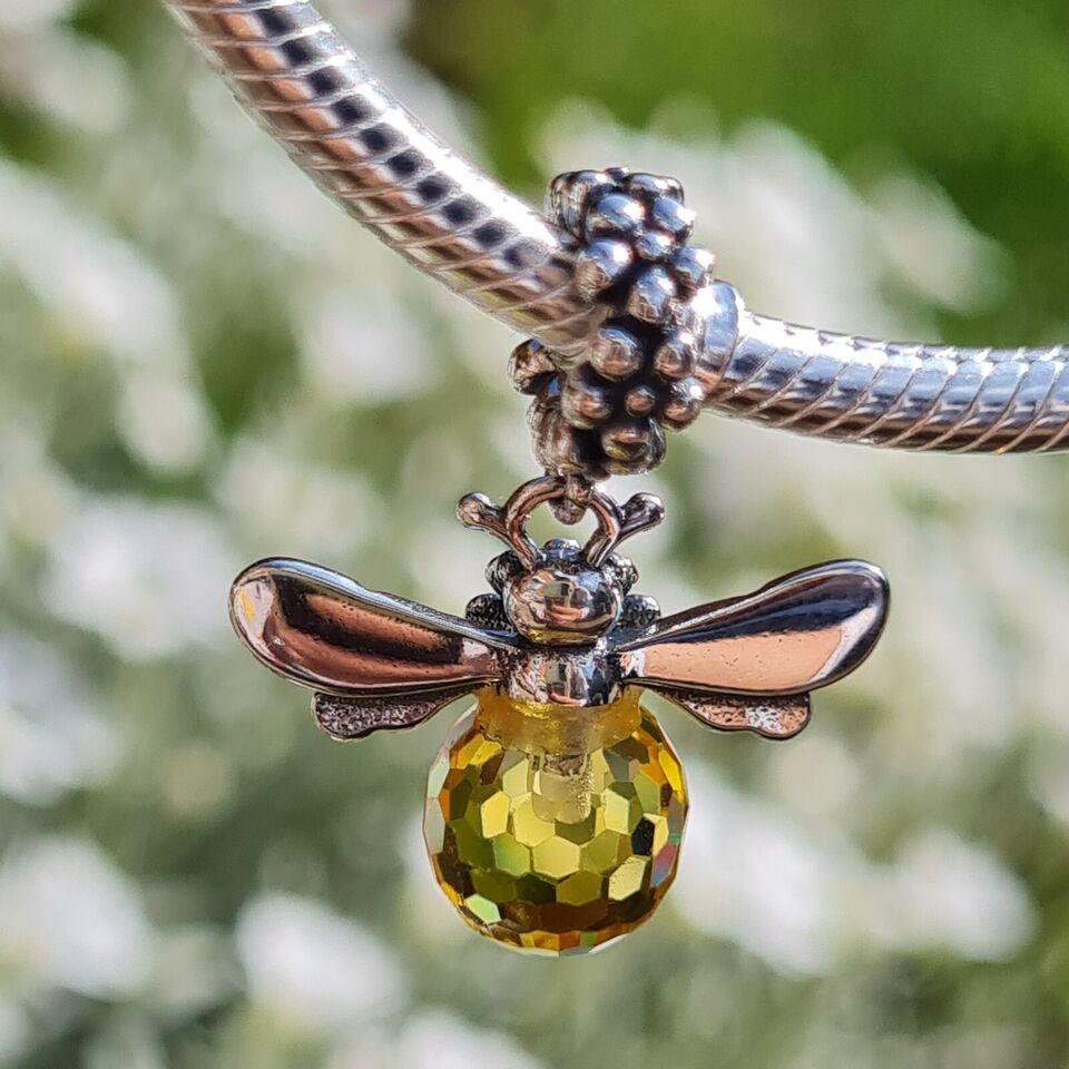 Honey bee dangle charm 925 sterling silver with yellow crystal nature inspired bead jewelry gift