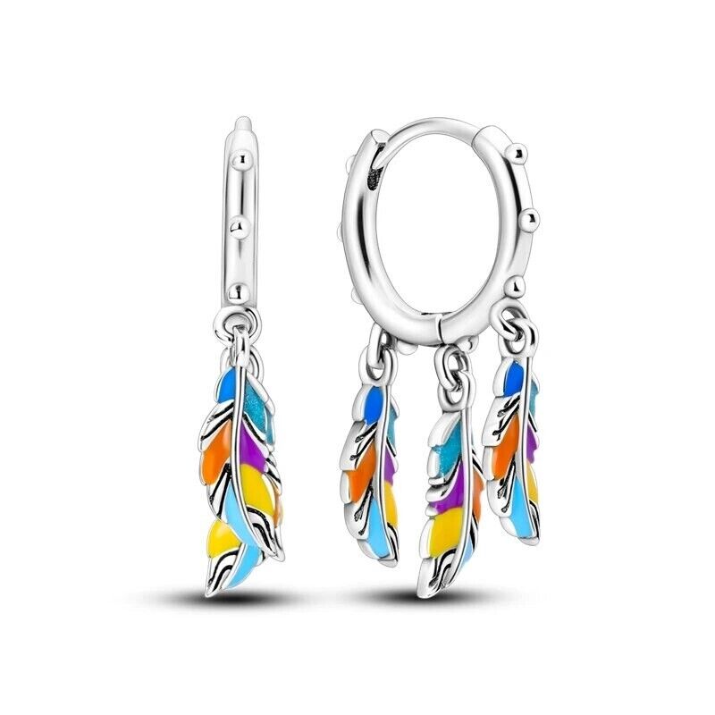 Hoop Earrings Multicoloured Dangle Feather