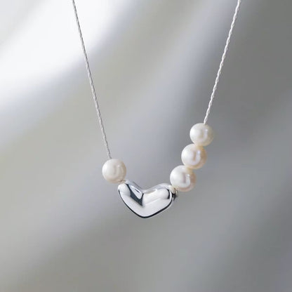 Asymmetric Love Necklace – Silver Heart with Pearls