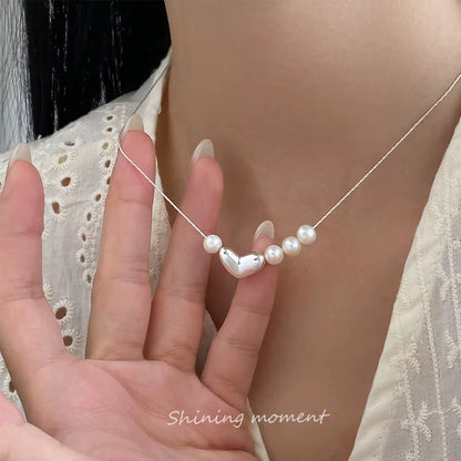 Asymmetric Love Necklace – Silver Heart with Pearls