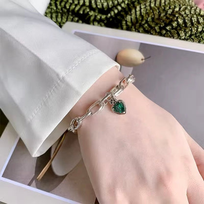 Chunky Silver Chain Bracelet with Emerald Green Heart Charm