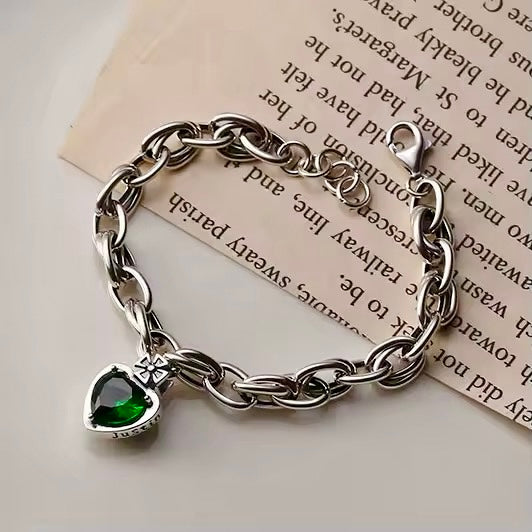 Chunky Silver Chain Bracelet with Emerald Green Heart Charm