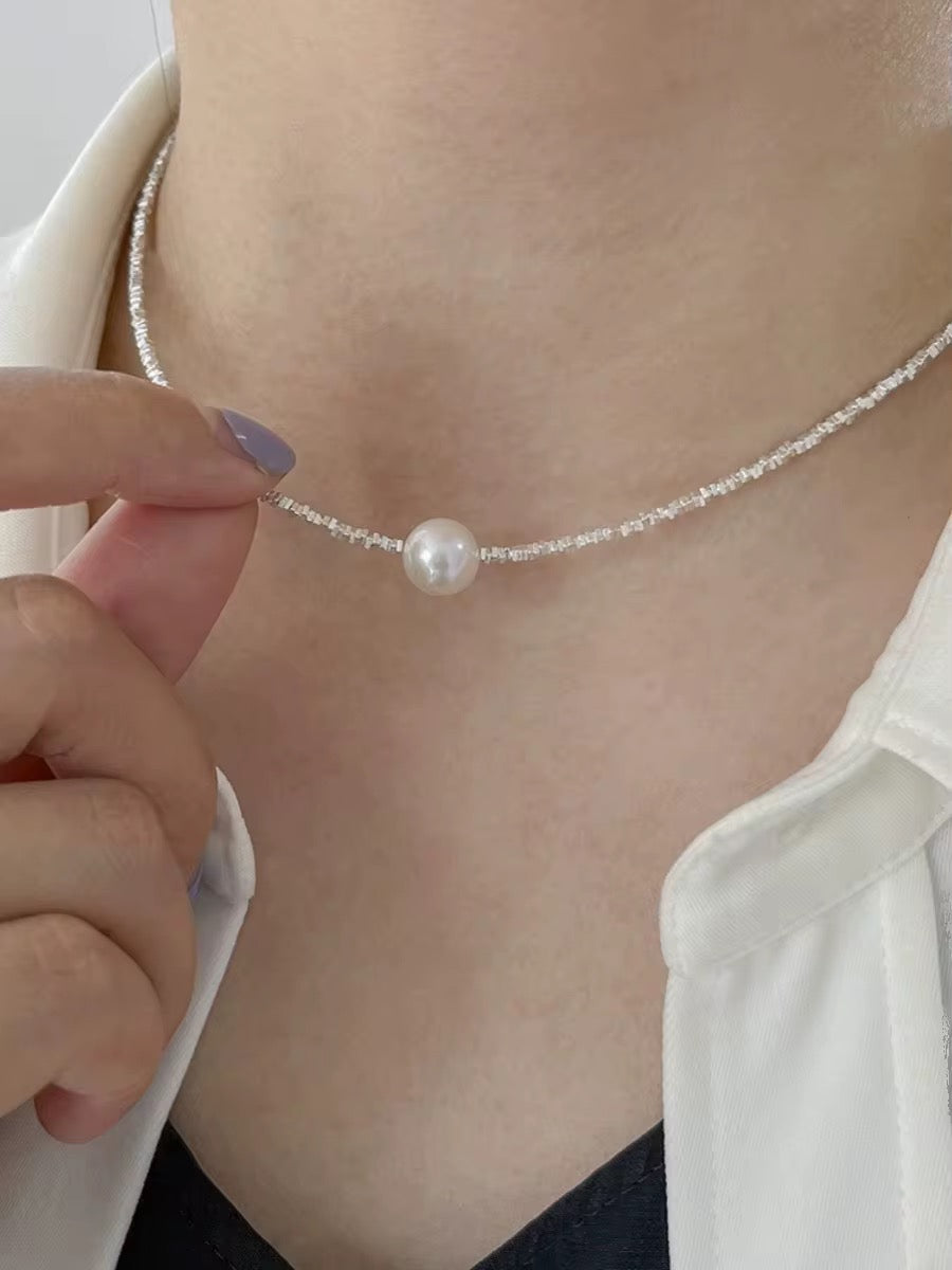 Sterling silver pearl choker necklace with sparkling tennis chain
