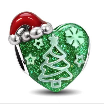 Sterling silver Christmas tree heart charm with green glitter enamel and Santa hat