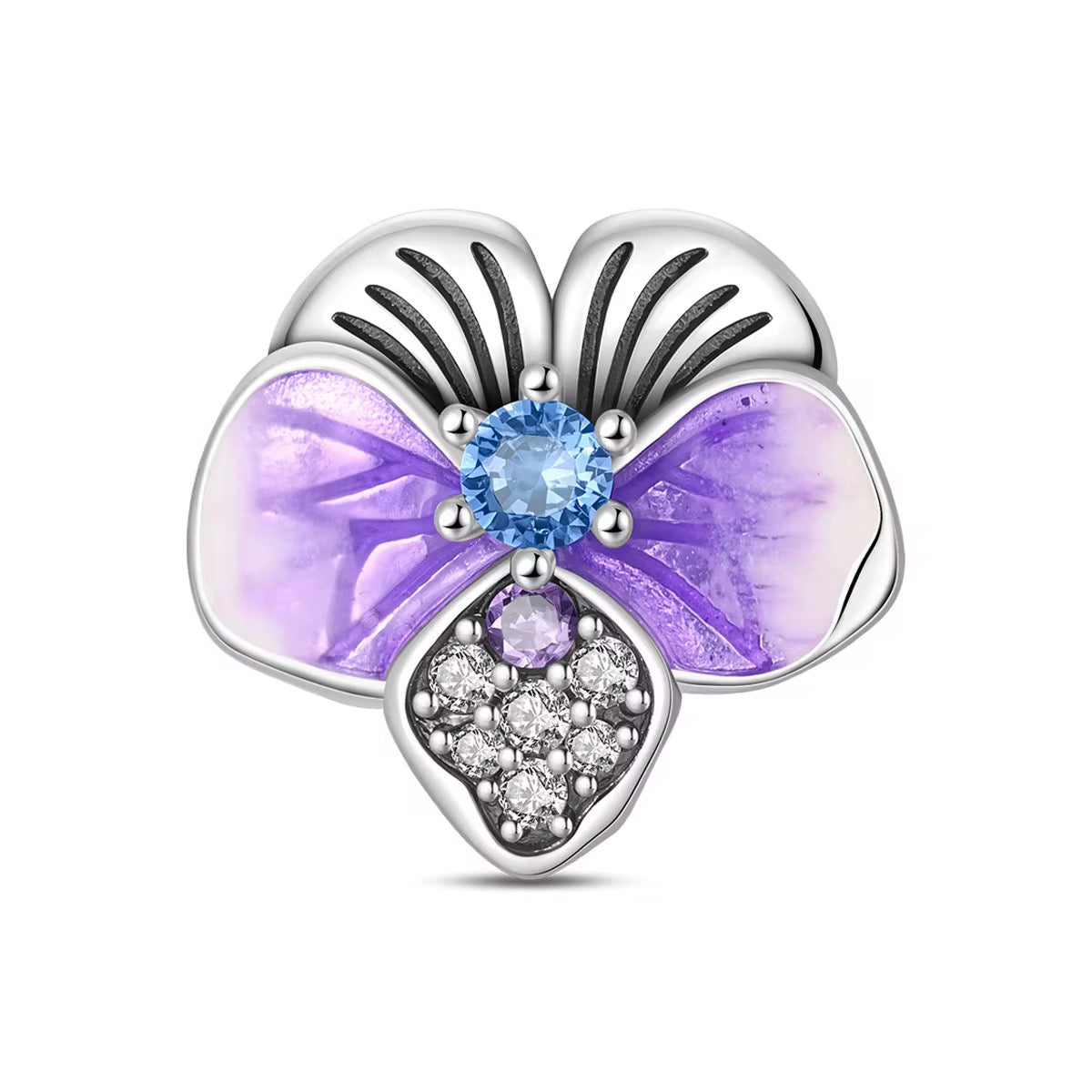 Silver butterfly charm with purple enamel wings and crystal details for charm bracelet