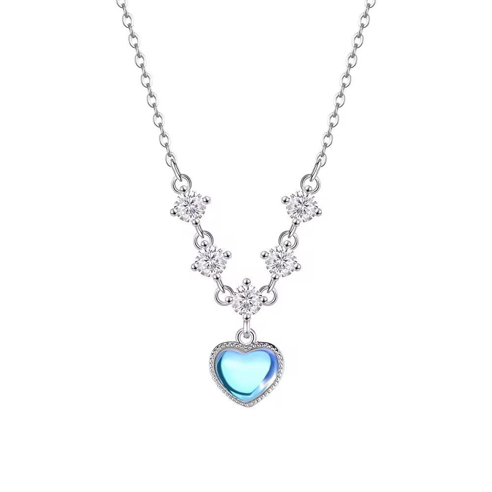 Silver necklace with blue heart crystal pendant and sparkling stones elegant romantic jewelry for women gift