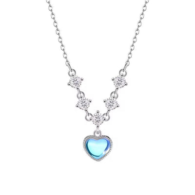 Silver necklace with blue heart crystal pendant and sparkling stones elegant romantic jewelry for women gift