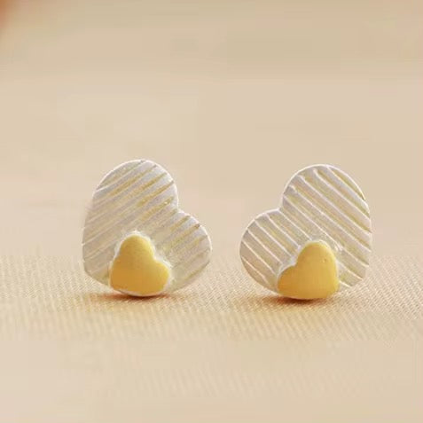 Dual tone heart stud earrings cute minimal jewelry textured heart gold accent small earrings