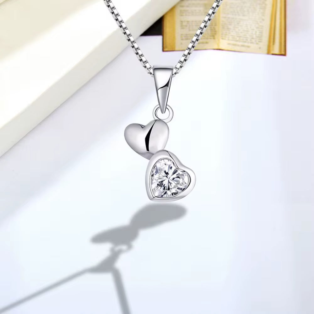 Double heart zircon pendant necklace elegant silver love jewelry romantic gift