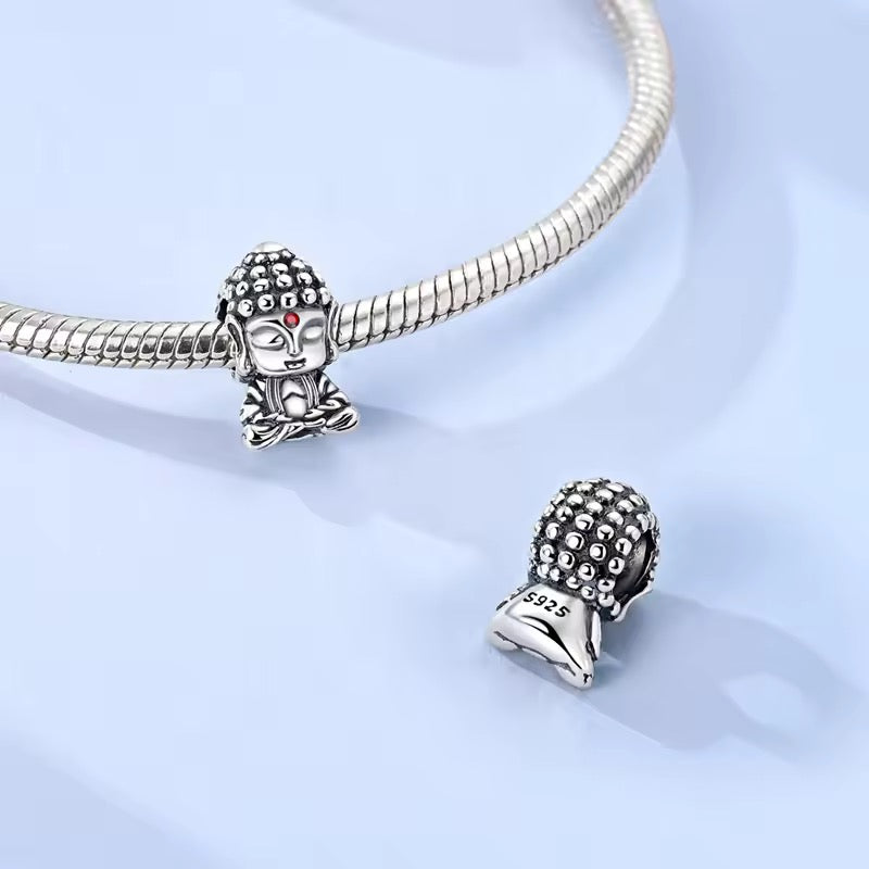 Meditating Buddha charm 925 sterling silver with red zirconia spiritual bead jewelry gift accessory