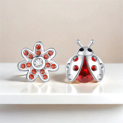 Red Ladybird & Flowers Stud Earrings
