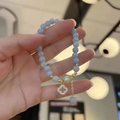 Grey Crystal Bead Bracelet with Leaf Clover Pendant