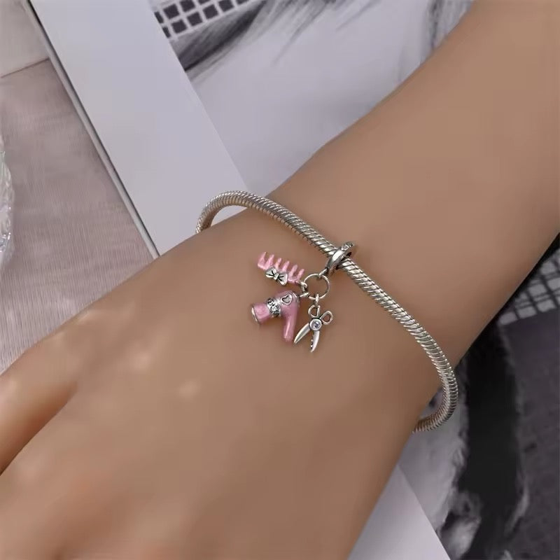 Pink Hairdryer, Comb & Scissors Dangle Charm