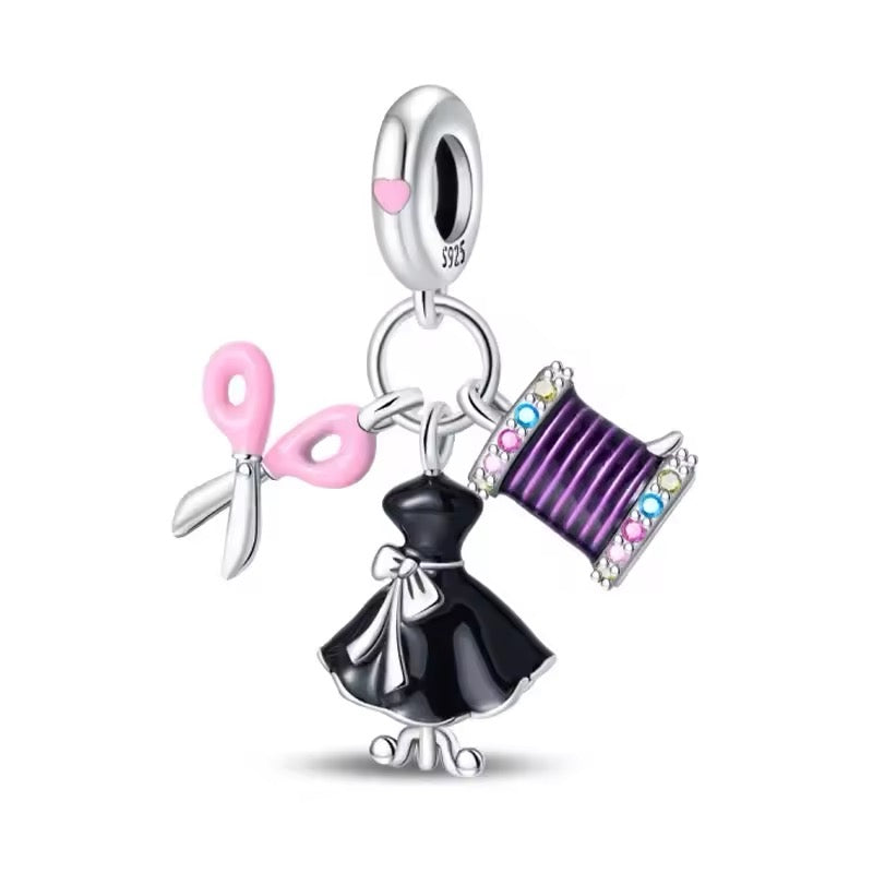 Dress & Scissors Sewing Thread Dangle Charm