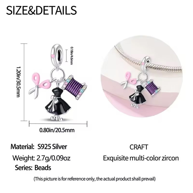 Dress & Scissors Sewing Thread Dangle Charm