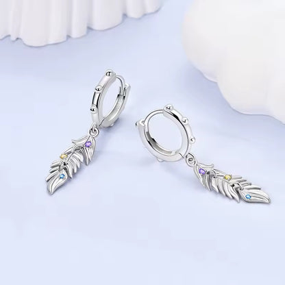 Hoop Earrings Dangle Feather With Zirconia