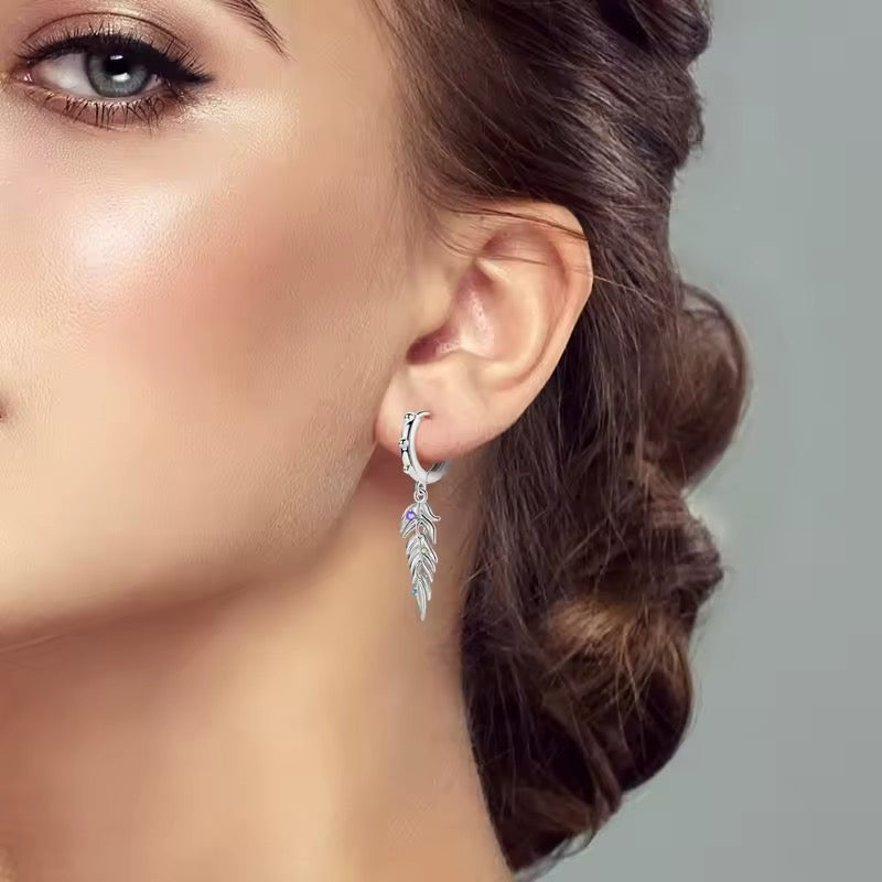 Hoop Earrings Dangle Feather With Zirconia