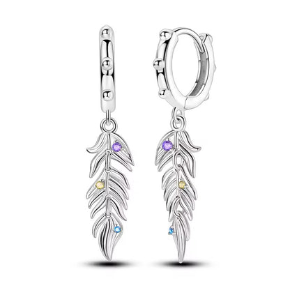 Hoop Earrings Dangle Feather With Zirconia