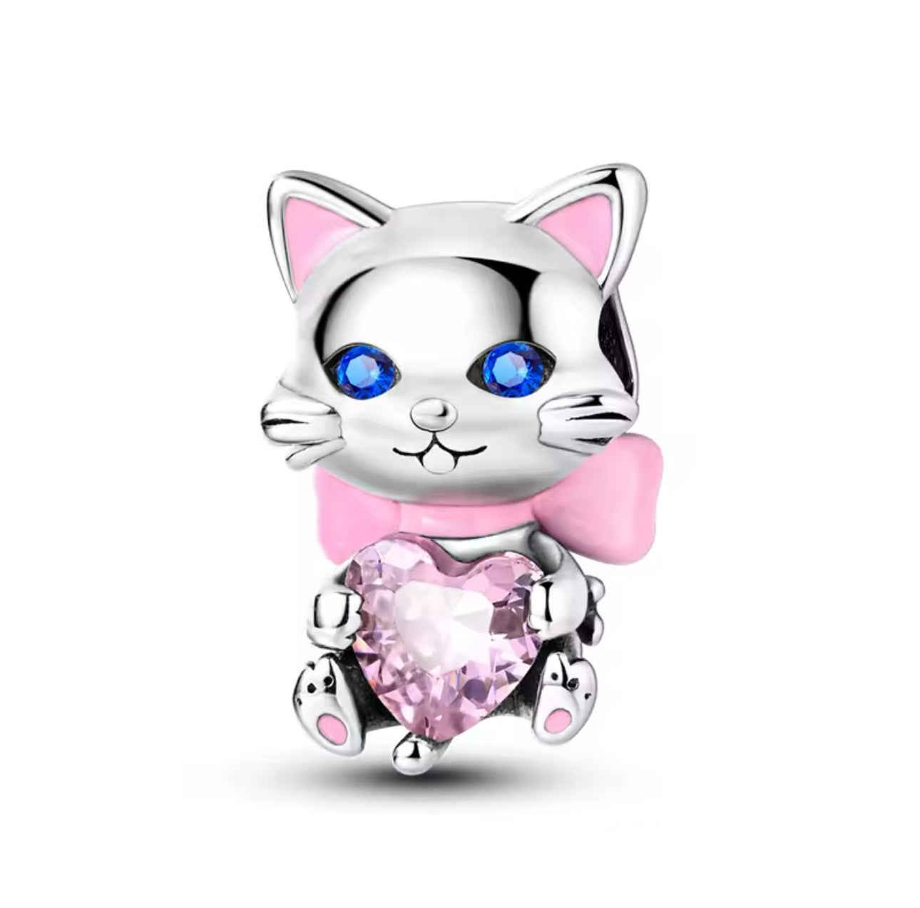 Cat With Bow & Pink Heart Charm