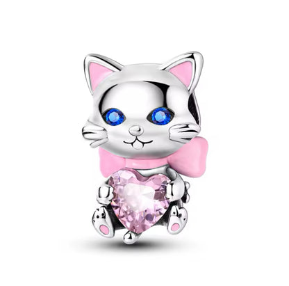 Cat With Bow & Pink Heart Charm