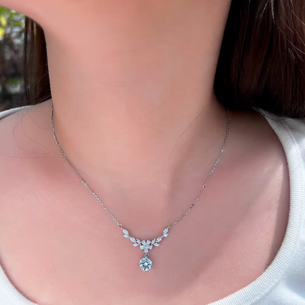 Sterling Silver Leaf Shape Necklace with White Cubic Zirconia