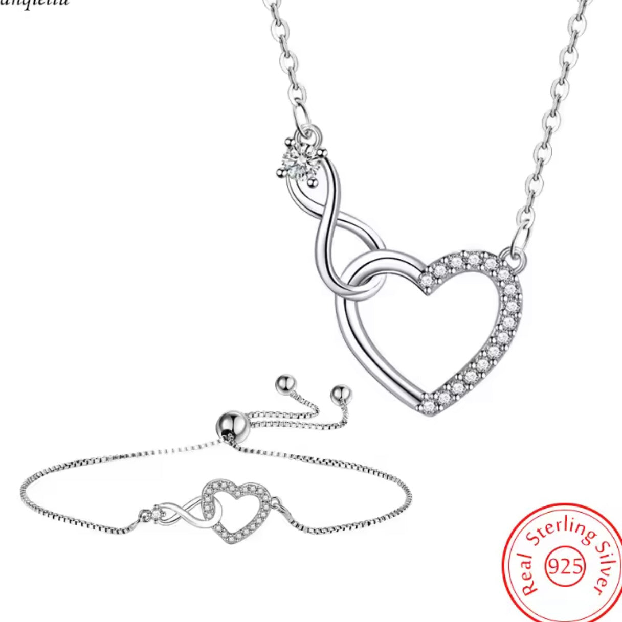 Fanqieliu Sterling Silver Crystal Zircon Heart Necklace & Bracelet Set