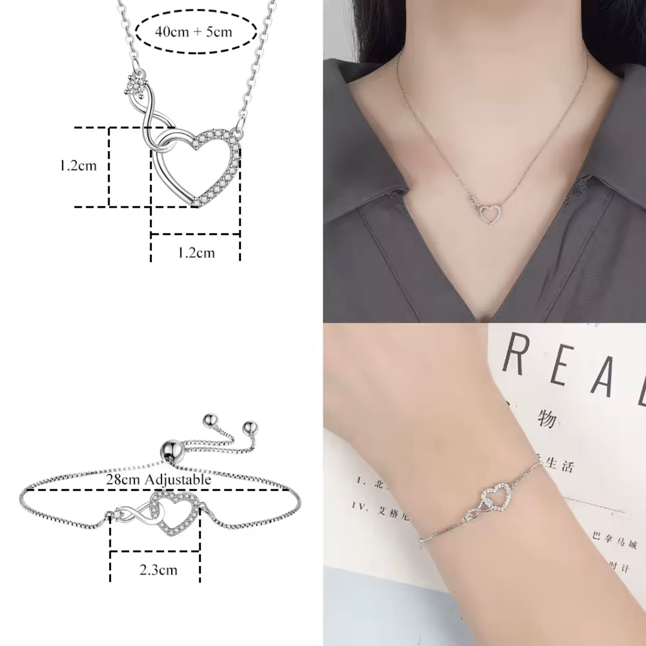 Fanqieliu Sterling Silver Crystal Zircon Heart Necklace & Bracelet Set