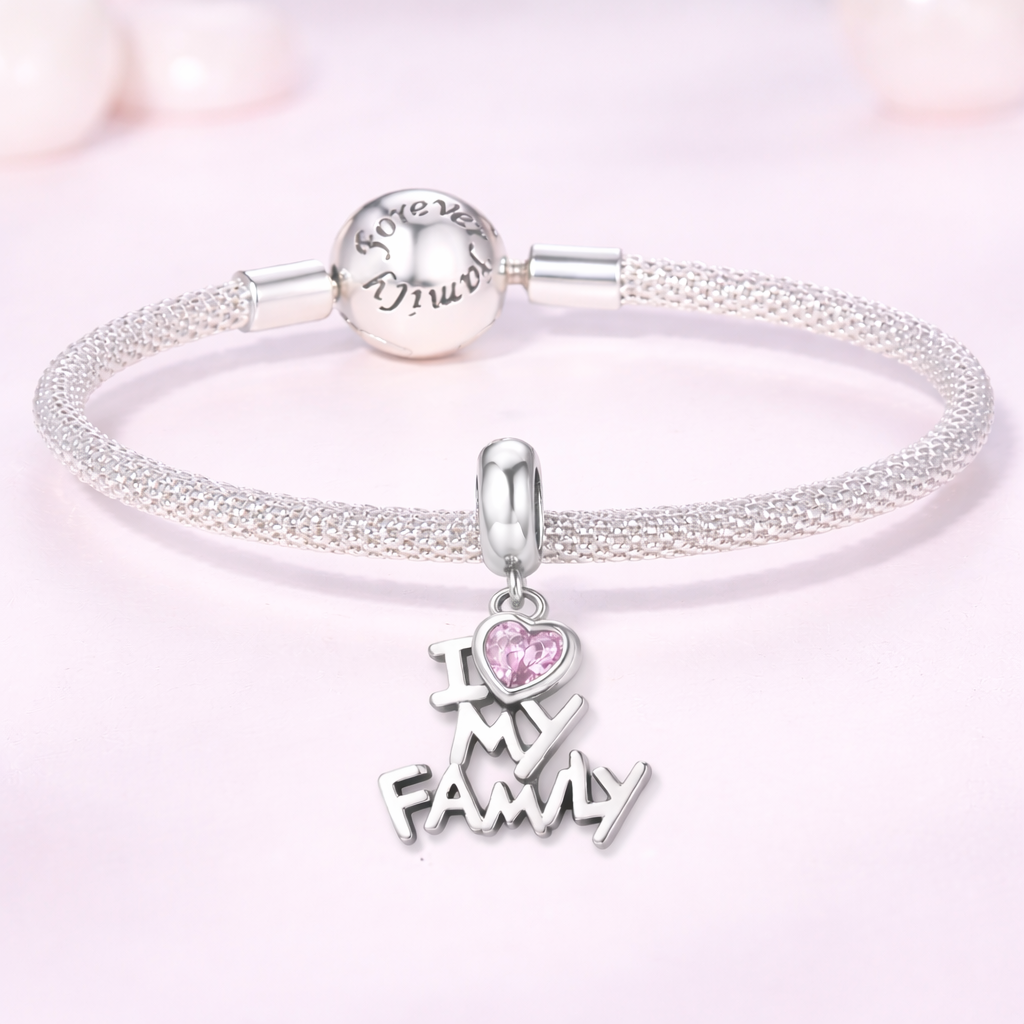 I love my family charm pink heart crystal dangle bead sentimental jewelry bracelet charm