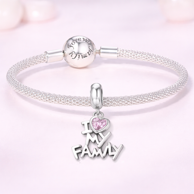 I love my family charm pink heart crystal dangle bead sentimental jewelry bracelet charm