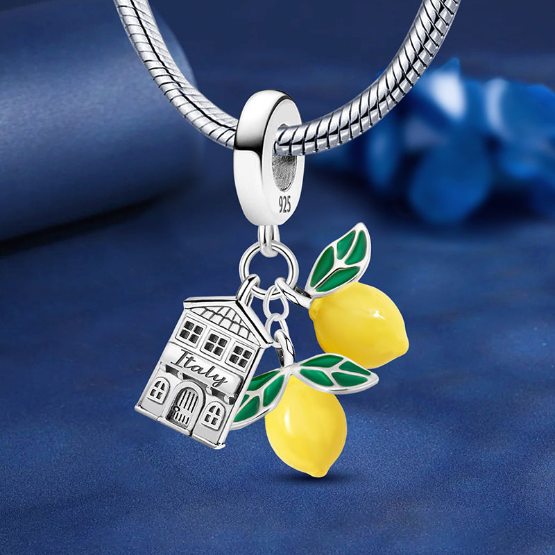 925 sterling silver Italian lemon charm with enamel lemons and Italy house dangle
