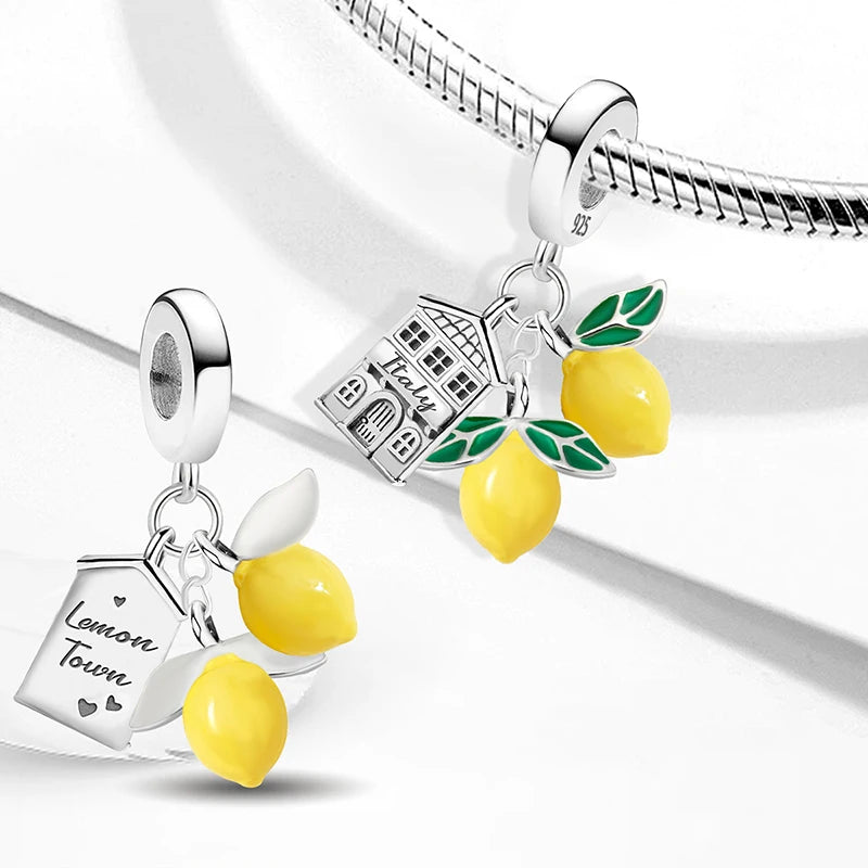 925 sterling silver Italian lemon charm with enamel lemons and Italy house dangle