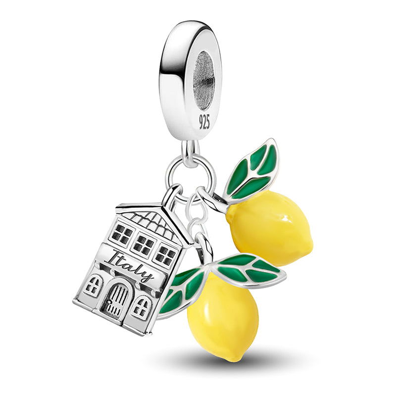 925 sterling silver Italian lemon charm with enamel lemons and Italy house dangle
