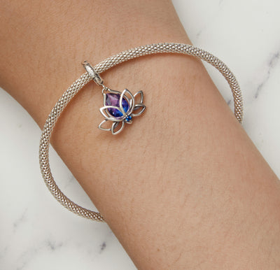 Lotus flower crystal dangle charm 925 sterling silver with purple blue stones spiritual jewelry gift
