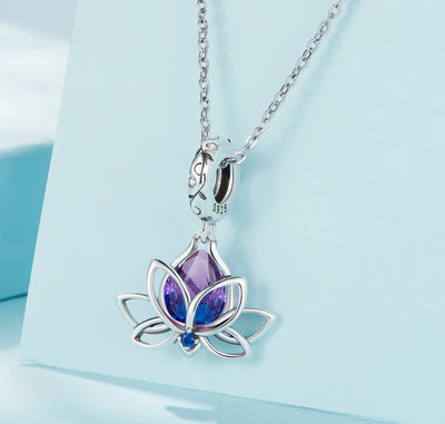 Lotus flower crystal dangle charm 925 sterling silver with purple blue stones spiritual jewelry gift