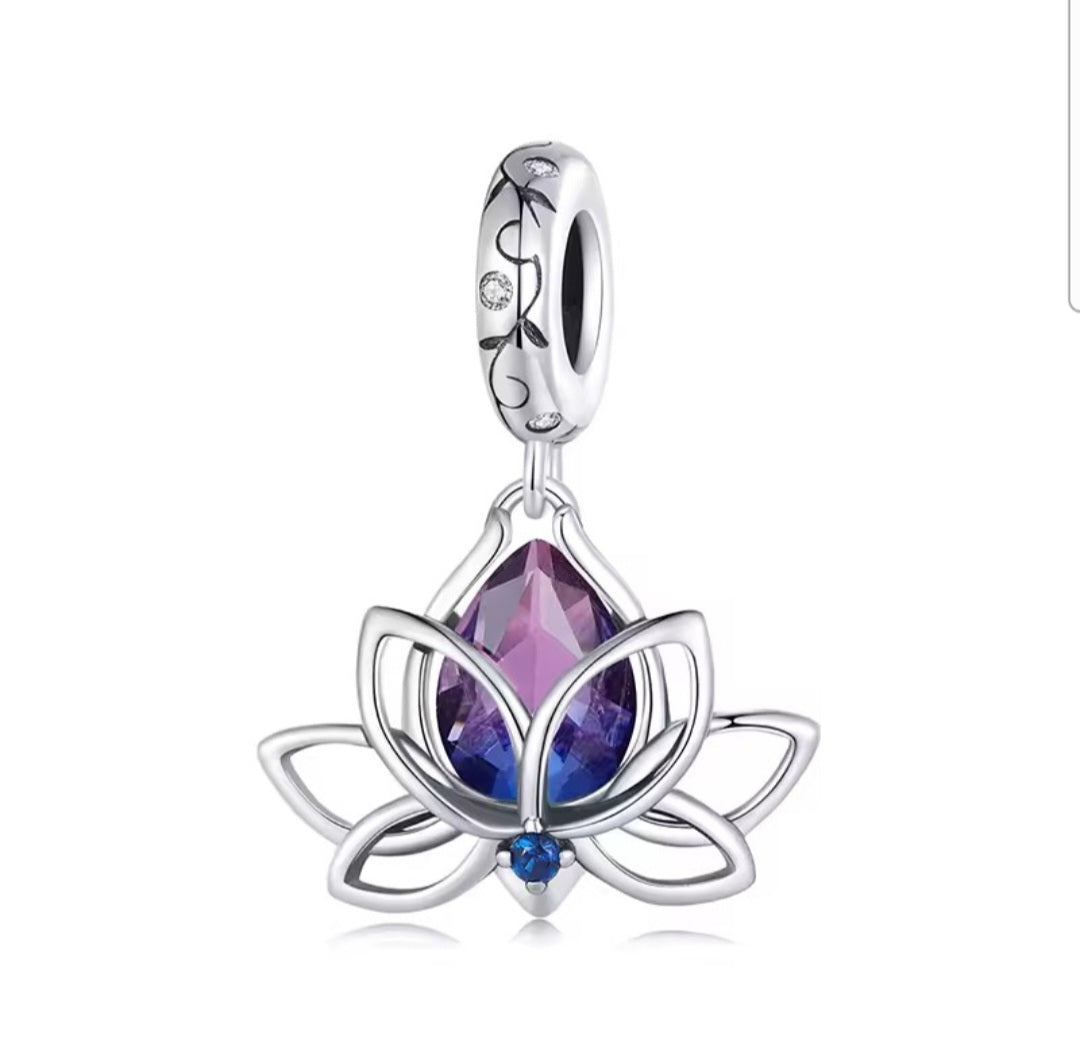 Lotus flower crystal dangle charm 925 sterling silver with purple blue stones spiritual jewelry gift