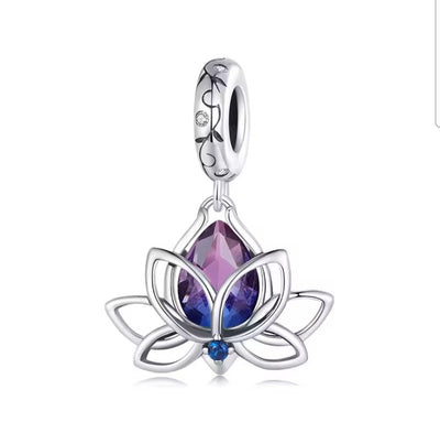 Lotus flower crystal dangle charm 925 sterling silver with purple blue stones spiritual jewelry gift