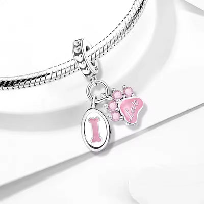 Love paw and bone dangle charm 925 sterling silver pink pet lover bead charm for bracelet jewelry gift