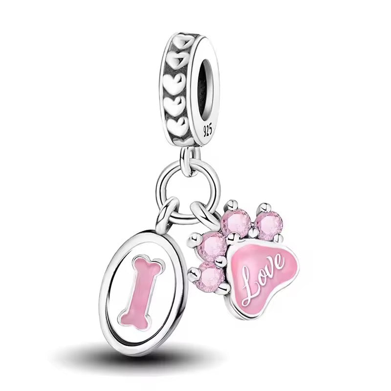 Love paw and bone dangle charm 925 sterling silver pink pet lover bead charm for bracelet jewelry gift