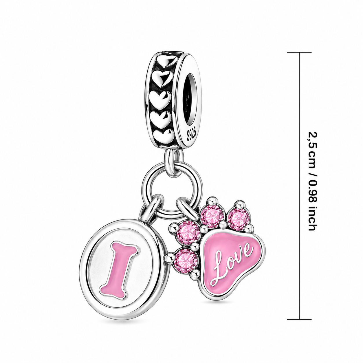 Love paw and bone dangle charm 925 sterling silver pink pet lover bead charm for bracelet jewelry gift
