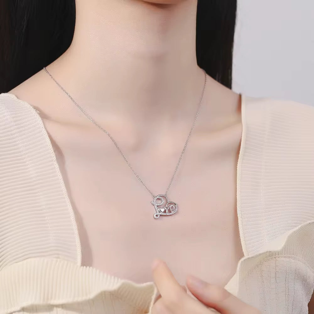 Love heart script necklace 925 sterling silver with zircon romantic pendant elegant jewelry gift for her