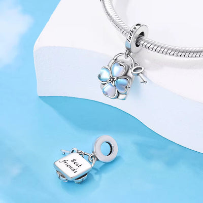 Blue flower lock and key best friends dangle charm bracelet bead friendship jewelry gift